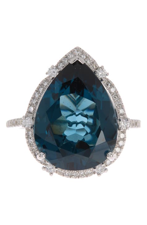 14K White Gold Pear London Blue Topaz & Pavé Diamond Ring