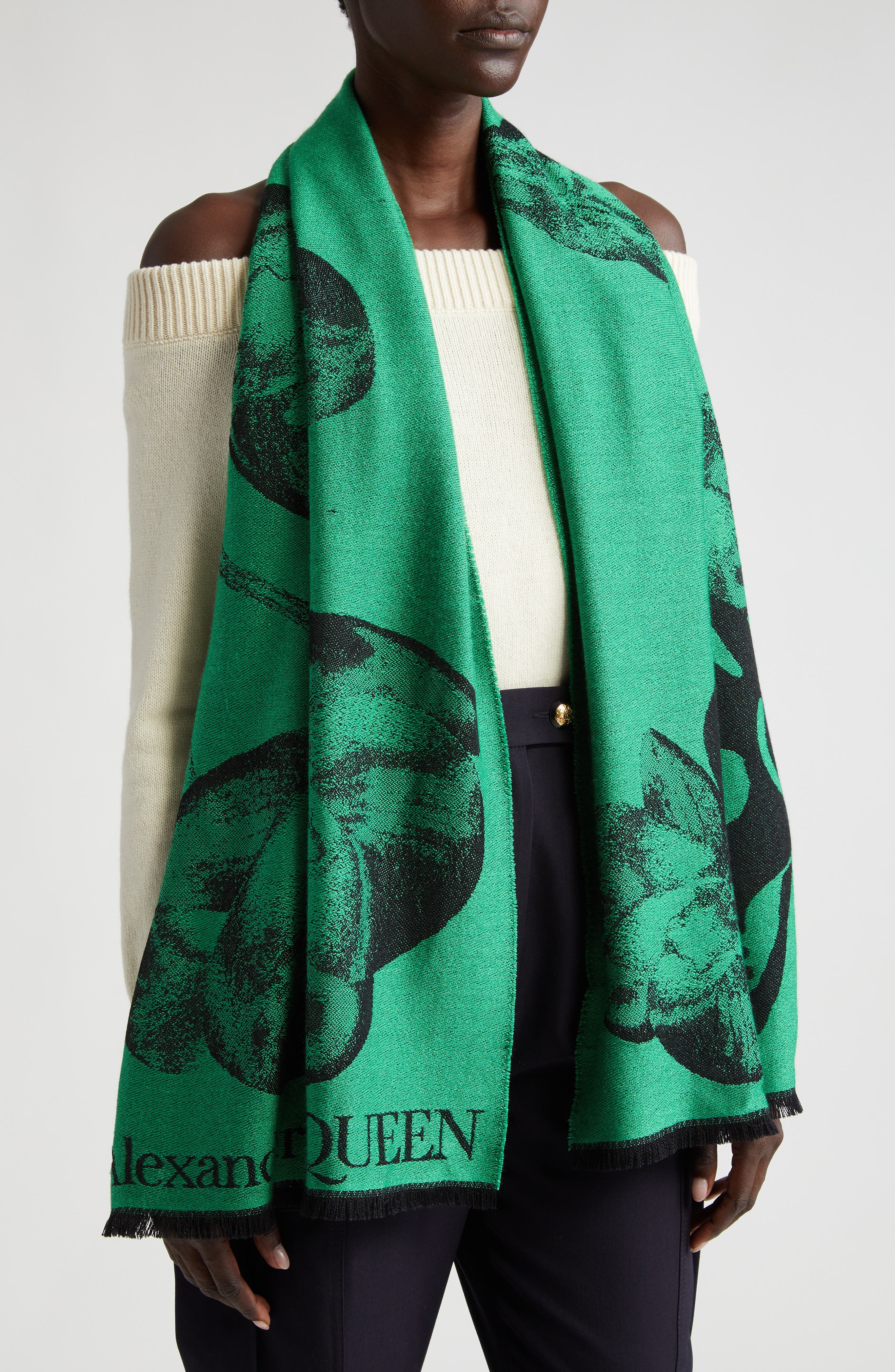 Alexander McQueen Orchid Skull Jacquard Wool Silk Scarf in 3160 Green Black Smart Closet