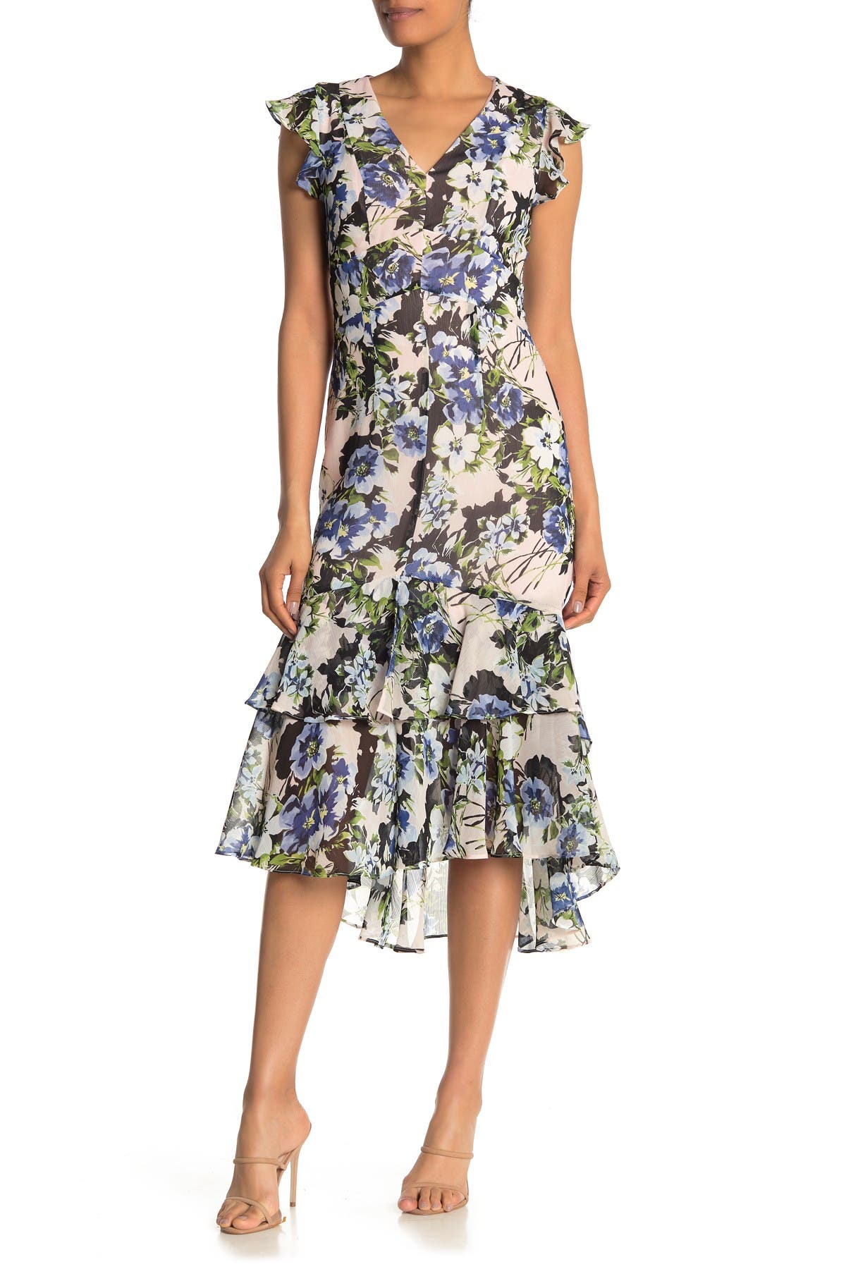 Floral Print High/Low Ruffle Midi Dress 