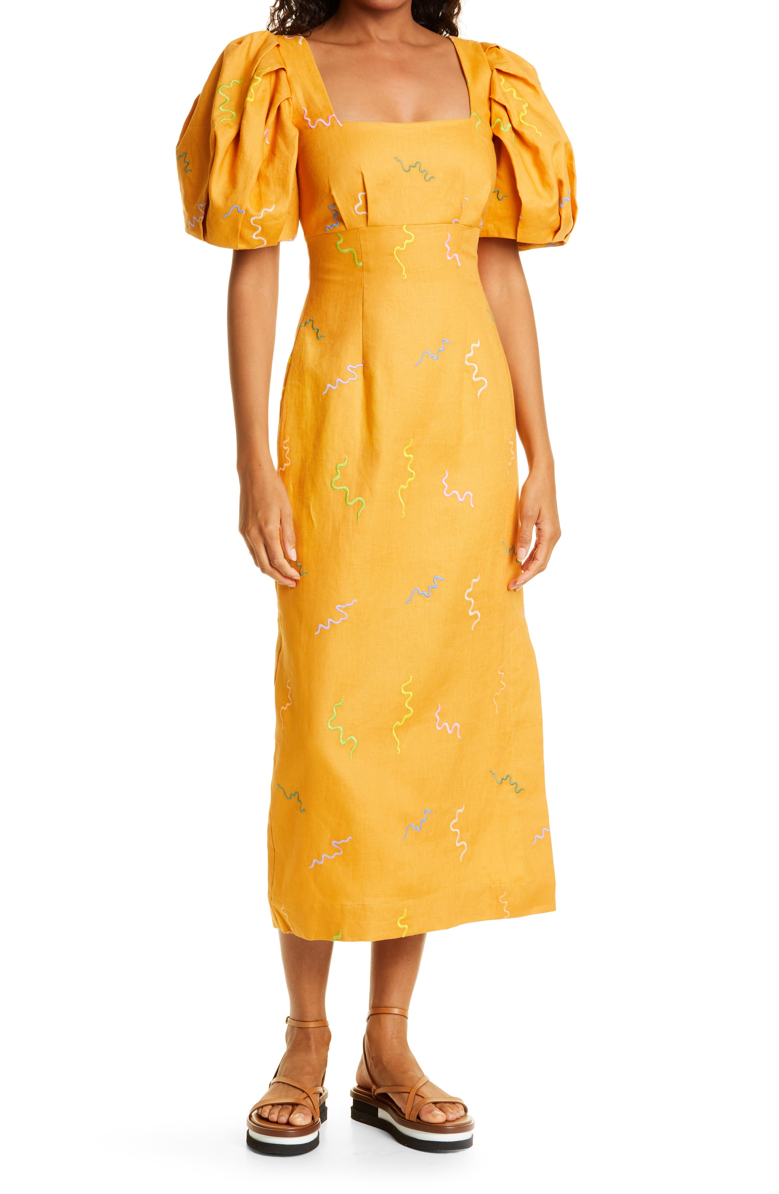 ALEMAIS Square Neck Puff Sleeve Dress in Marigold at Nordstrom, Size 8