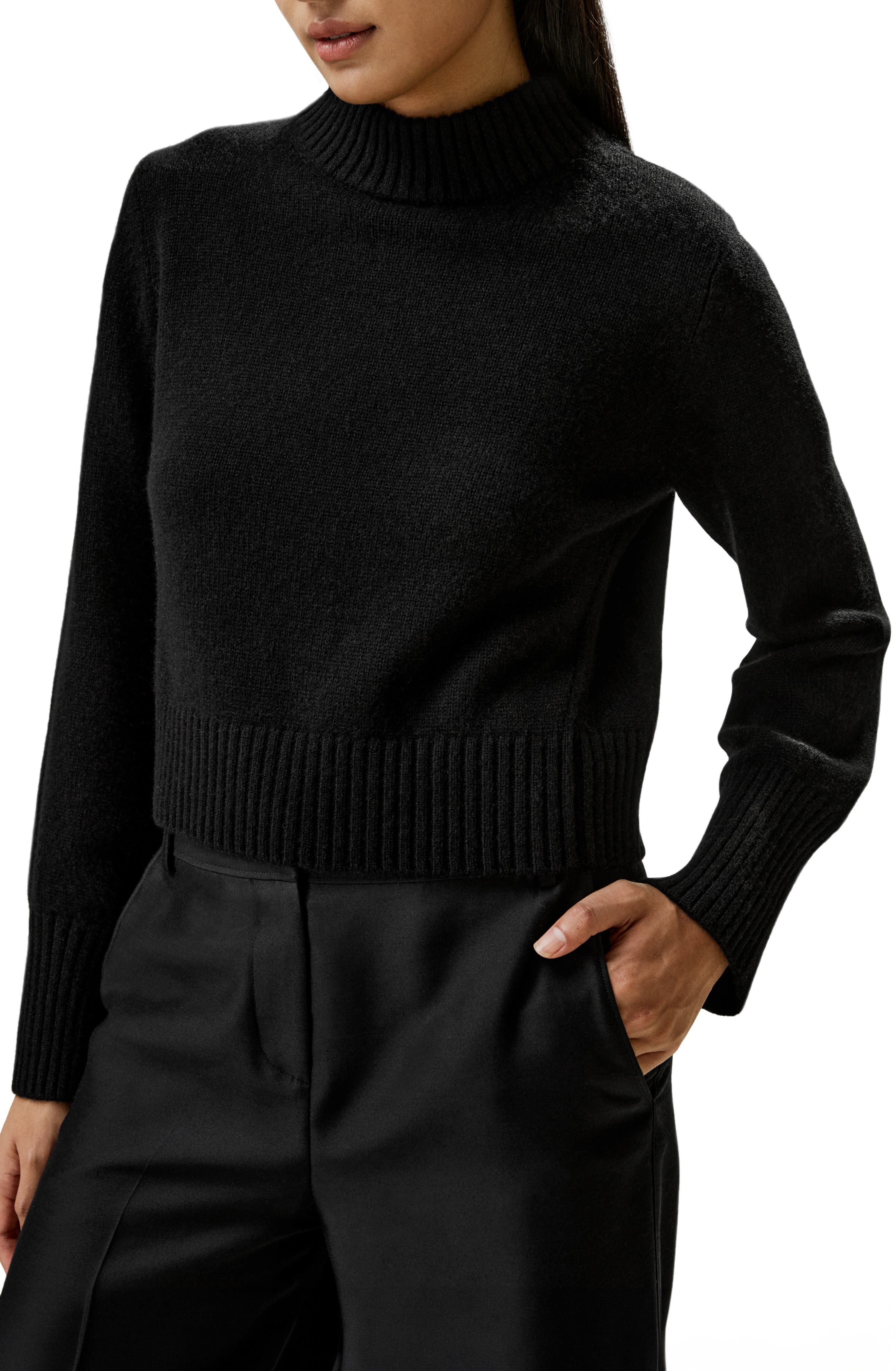 Lilysilk Ribbed Collar and Hemline Wool Cashmere Sweater in Black Cover