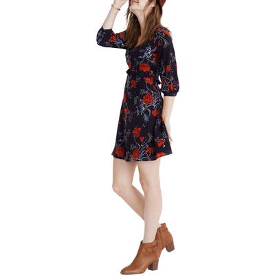 Madewell Windblown Poppies Long Sleeve Ruffle Waist Silk Dress, Blue