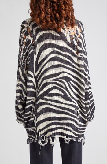 Oversize Distressed Zebra Stripe Sweater