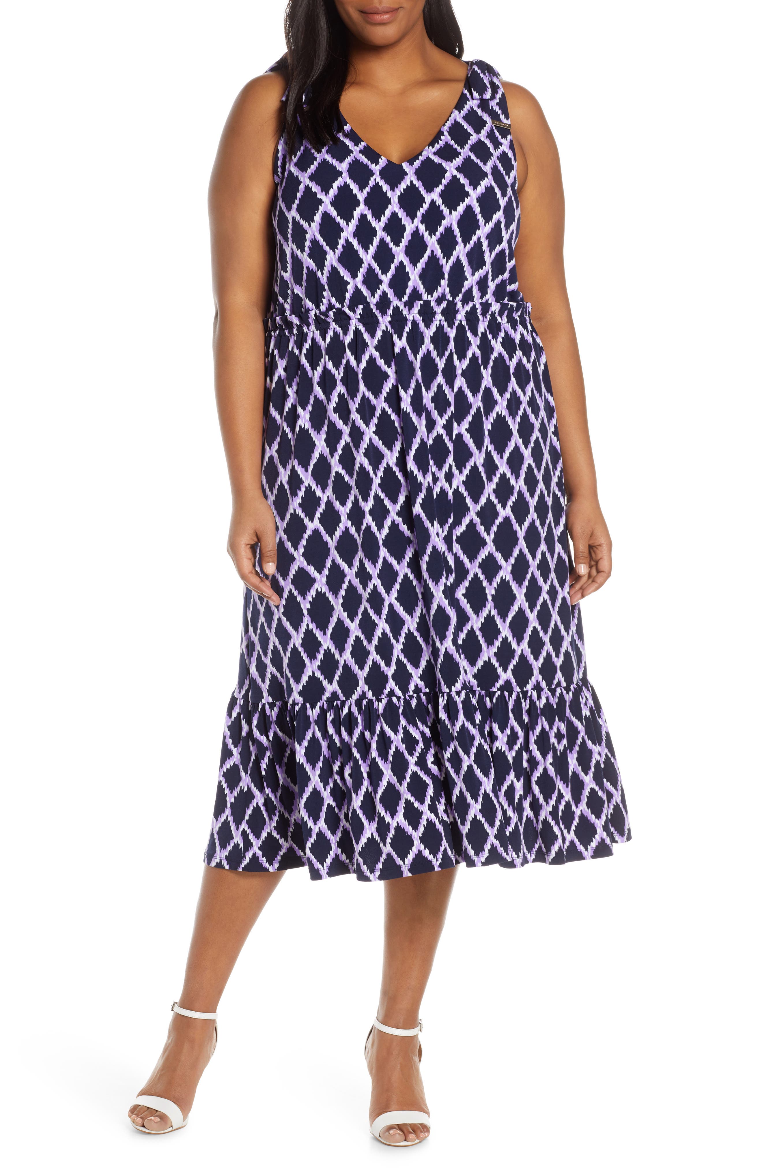 Plus Size Michael Michael Kors Diamond Pattern Ruffle Hem Sleeveless Midi Dress, Purple