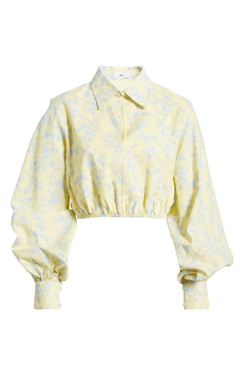 YELLOW THE LABEL June Floral Print Bishop Sleeve Linen Crop Shirt in Butter Toile