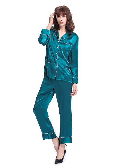 Shop Lilysilk 22 Momme Chic Trimmed Silk Pajama Set In Dark Teal