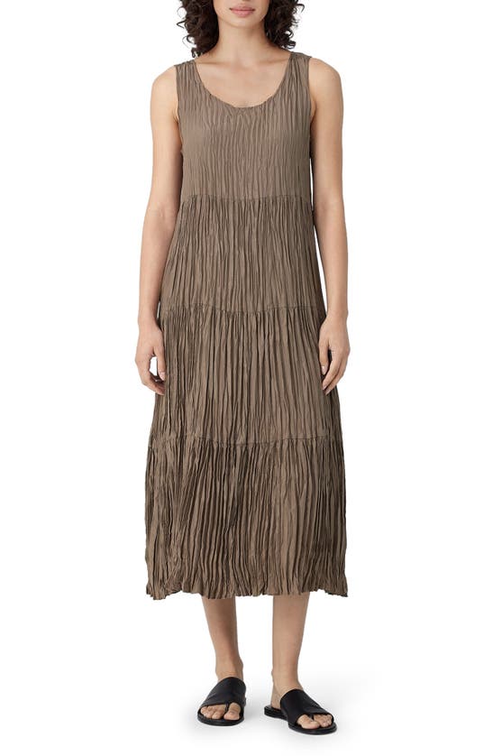 Eileen Fisher Crinkled Scoop-neck Tiered Silk Midi Dress In Cobblestone