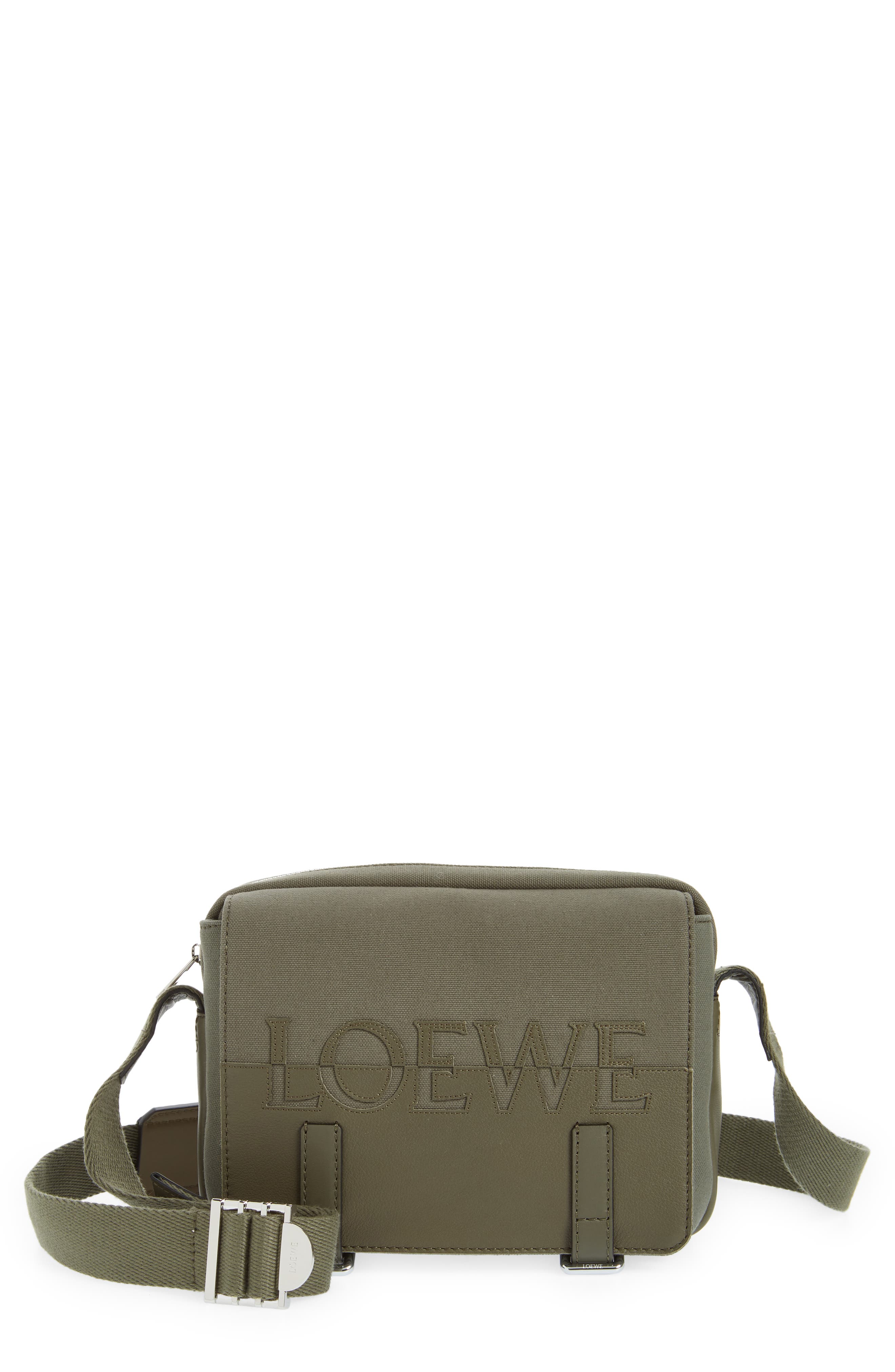Loewe Extra Small Military Logo Leather & Canvas Messenger Bag in Khaki Green at Nordstrom