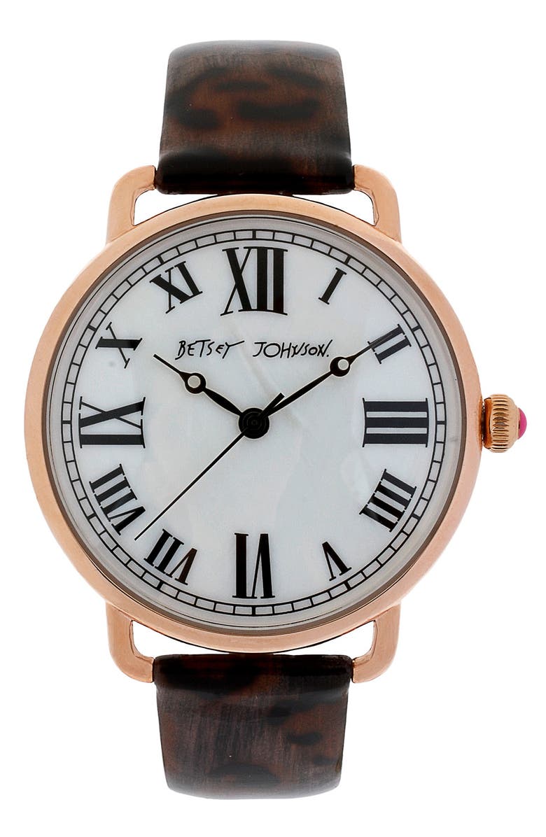 BETSEY JOHNSON Round Dial Leather Strap Watch, Main, color, Brown