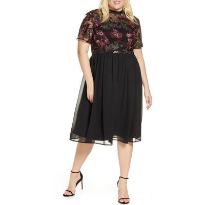 Plus Size Chi Chi London Tashy Embroidered Chiffon A-Line Dress, Black