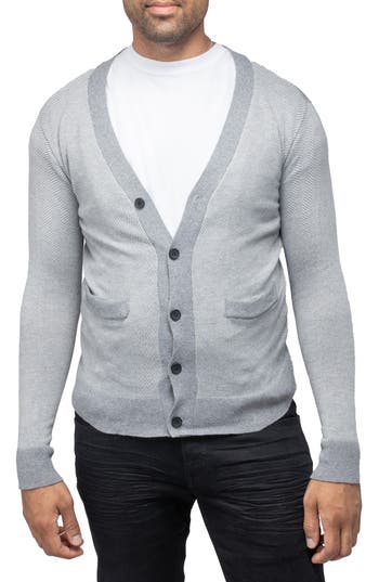 X-ray Xray Herringbone V-neck Button Front Cardigan In Off White/heather Grey