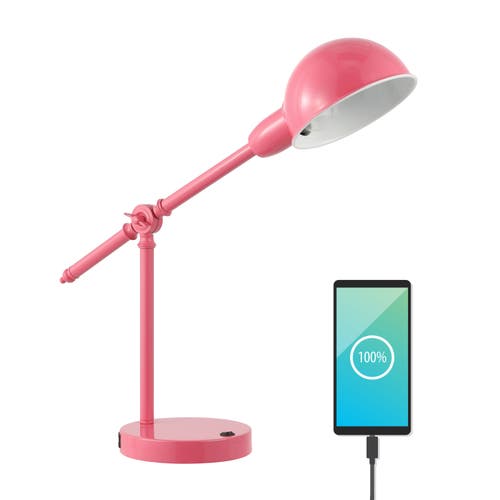 Shop Jonathan Y Curtis Vintage Industrial Iron Adjustable Dome Shade Led Task Lamp With Usb Charging Port In Pink