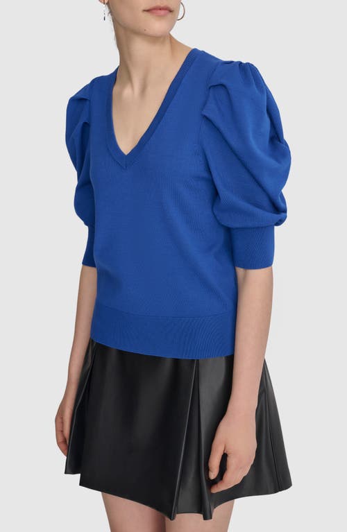 Shop Dkny Puff Sleeve V-neck Sweater In Lapis Blue