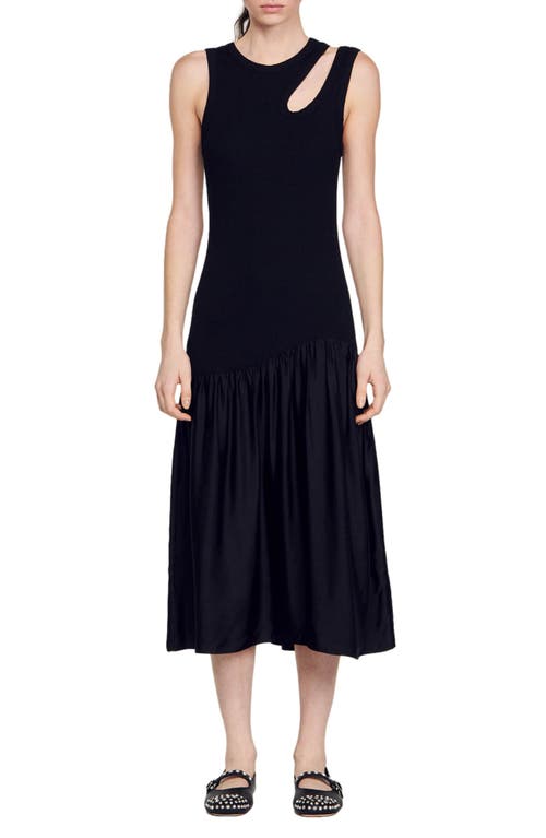 sandro Olane Mixed Media Midi Dress Black at Nordstrom,