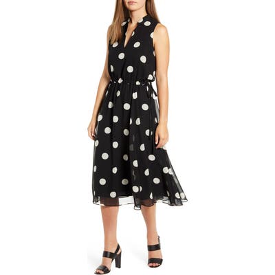 Anne Klein Dot Print Drawstring Waist Sleeveless Dress, Black