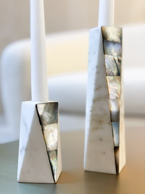 Shop Anaya Marble Grey Pearl Candle Holders In White