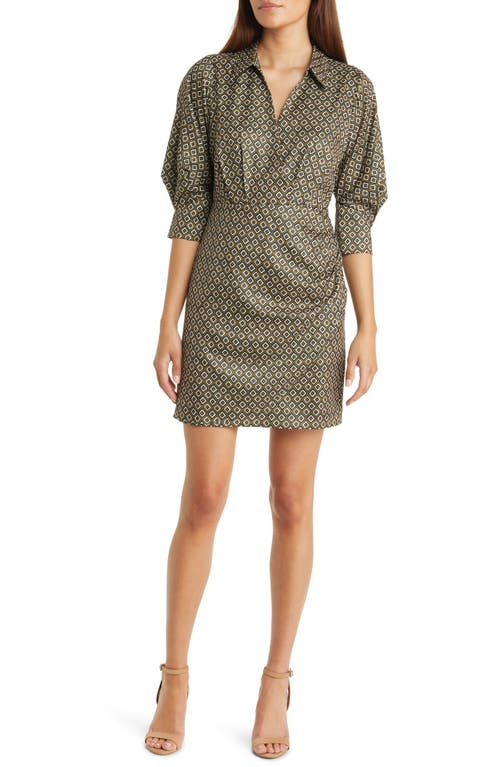 ZOE AND CLAIRE Printed Short Sleeve Faux Wrap Mini Shirtdress in Forest Green Multi