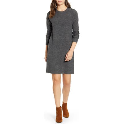 Petite Caslon Crewneck Long Sleeve Sweater Dress, Grey