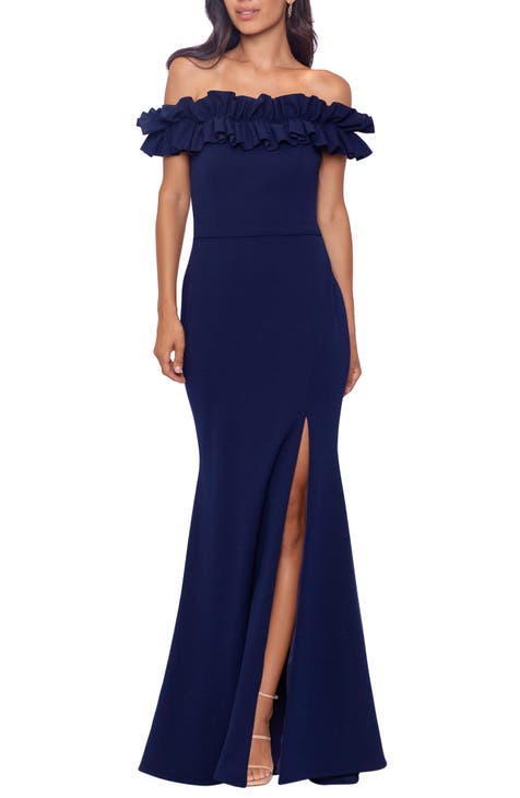 Off the Shoulder Ruffle Crepe Trumpet Gown