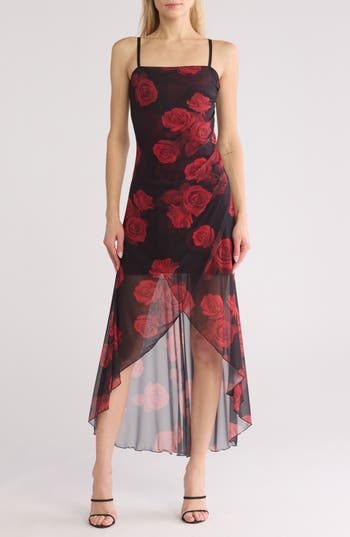 Shop Bebe Spaghetti Strap Mesh High/low Dress In Black/red