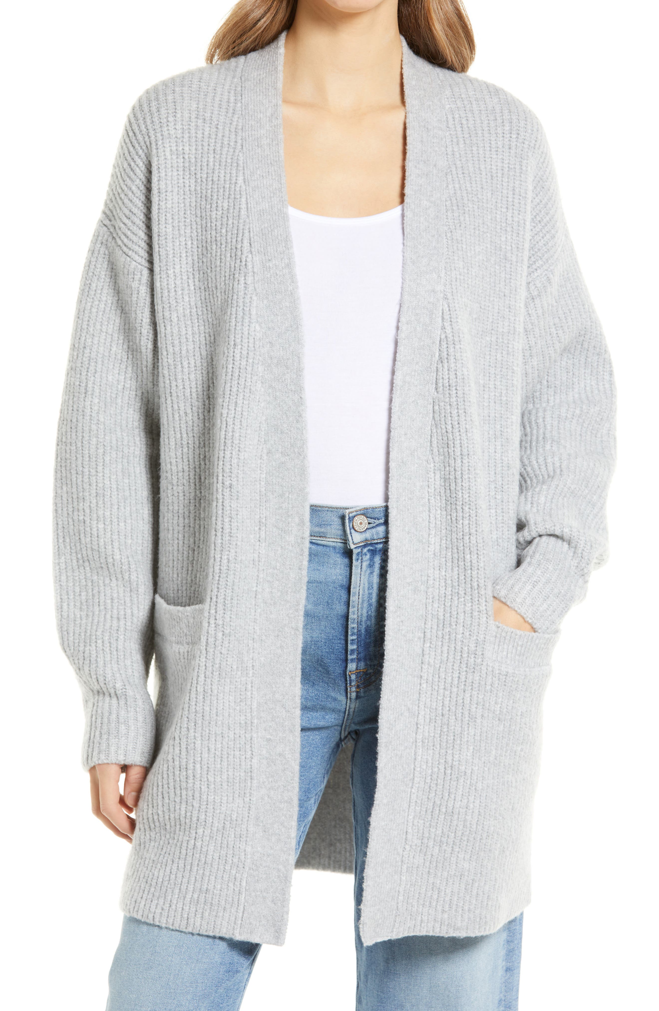 grey open cardigan