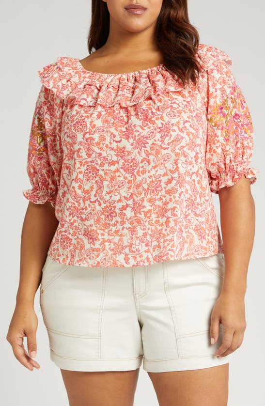 Shop Wit & Wisdom Floral Embroidered Off The Shoulder Top In Nectarine Multi