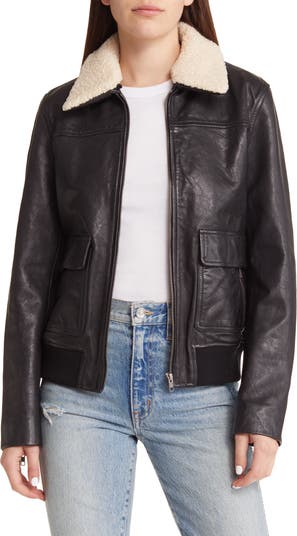 Leather Bomber Jacket with Removable Shearling Collar
