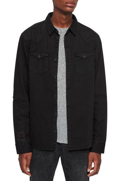ALLSAINTS BISO REGULAR FIT BLACK DISTRESSED BUTTON-UP SHIRT,MR014R