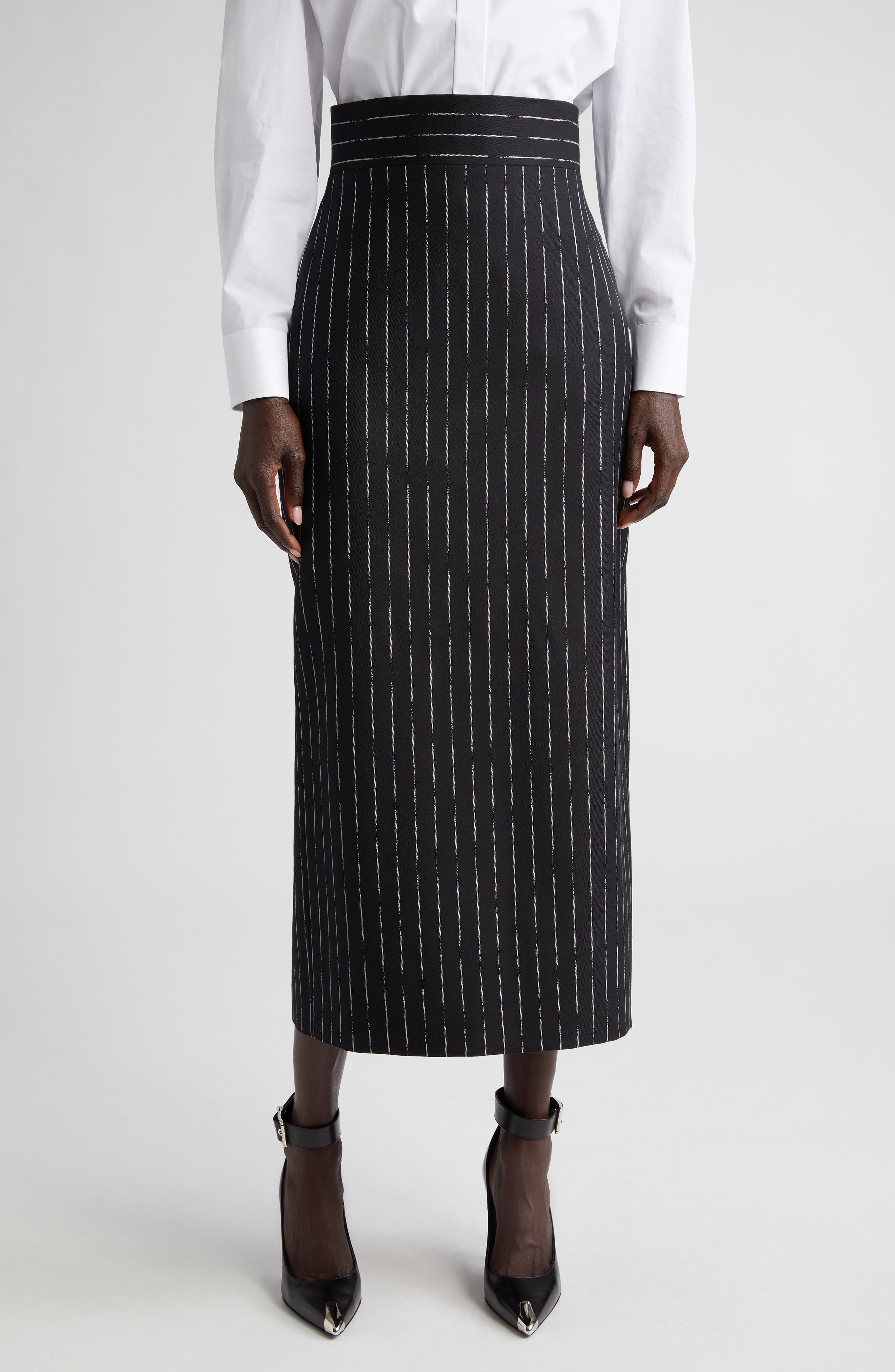 Denim and wool gabardine midi skirt