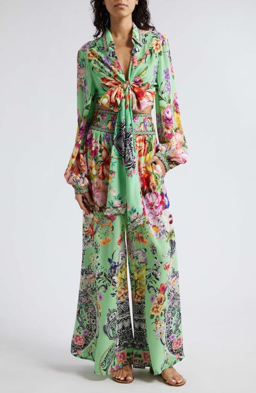 Camilla Porcelain Dream Print Tie Front Silk Crepe Crop Shirt at Nordstrom,