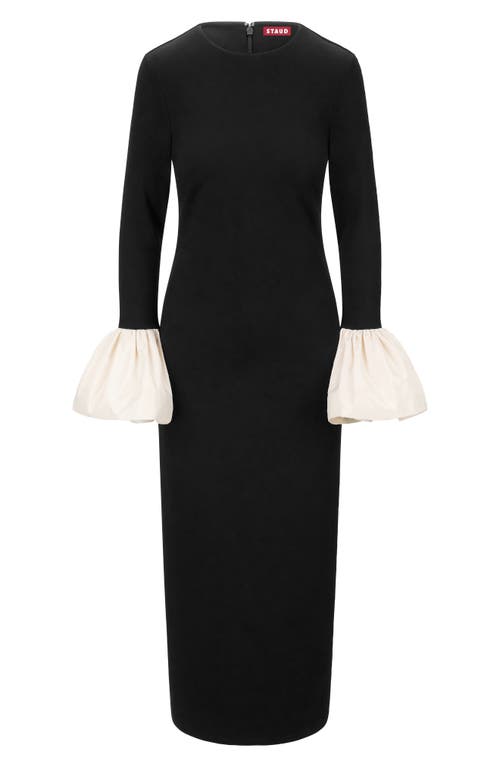 Shop Staud Hawthorne Contrast Ruffle Long Sleeve Sheath Gown In Black/ivory