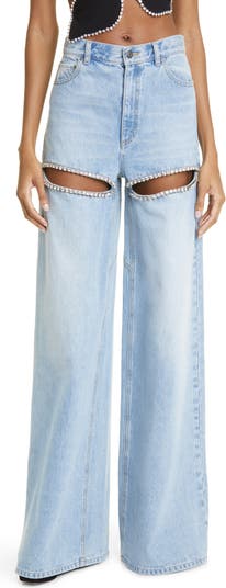 Denim pant with crystal trim in light blue