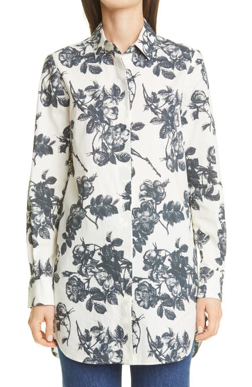 Sibilla Floral Button-Up Cotton Shirt in Ivory/Navy