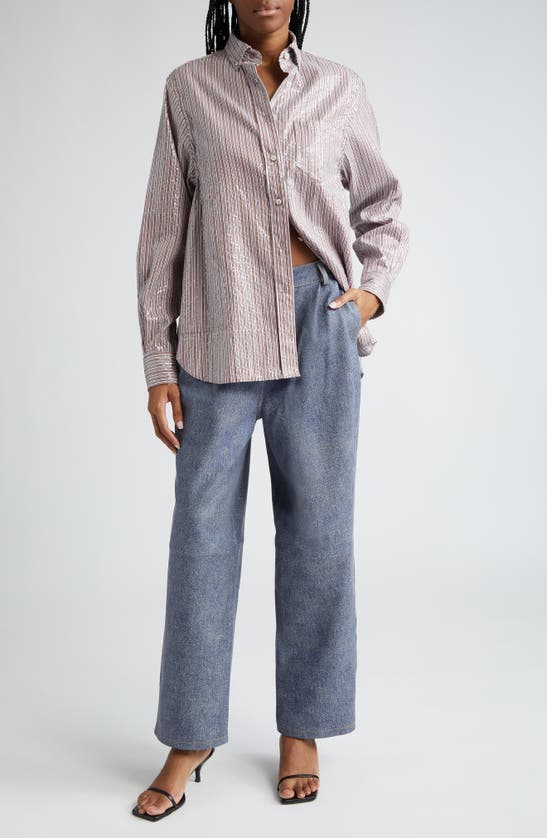Shop Saks Potts William Stripe Sequin Cotton Poplin Button-down Shirt In Brown Stripe Sequin