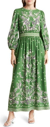 MAX STUDIO Floral Long Sleeve Linen Blend Maxi Dress | Nordstromrack