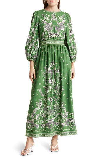 Max Studio Floral Long Sleeve Linen Blend Maxi Dress In Green/cream Floral Swirls