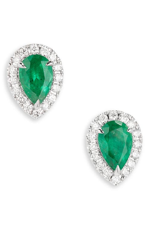 Emerald & Diamond Halo Stud Earrings in White Gold/Emerald/Diamond