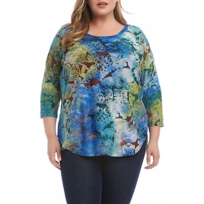 Plus Size Karen Kane Tie Dye Burnout Shirttail Tee, Blue