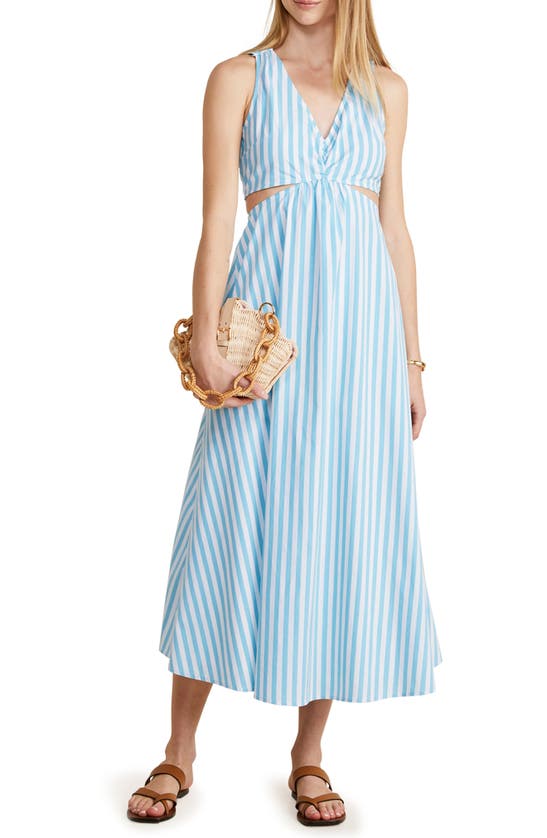 Shop Vineyard Vines Stripe Cutout Cotton Blend Midi Dress In Kitt Stripe-mistblue