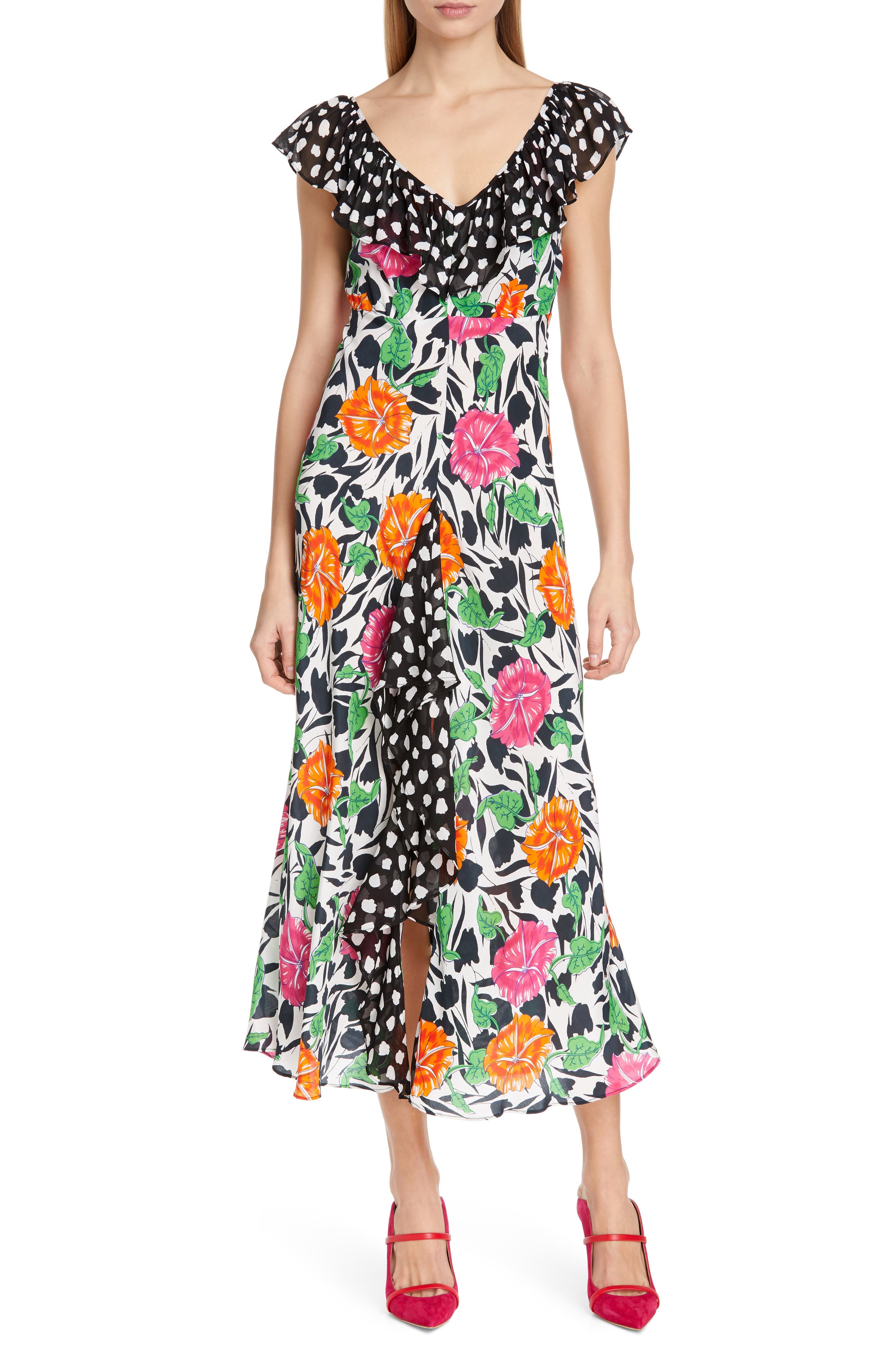 Rixo Antoinette Floral & Dot Print Dress, US / 6 UK - White