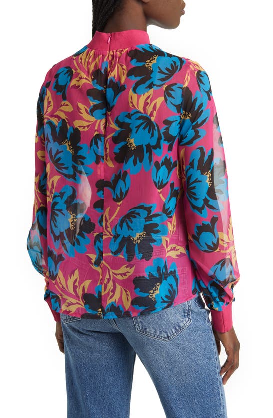Shop French Connection Eloise Floral Print Crinkled Blouse In Fuschia Blue Jewel