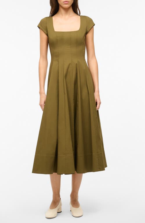 Shop Staud Wells Short Sleeve Stretch Cotton Midi Dress In Sergeant Green