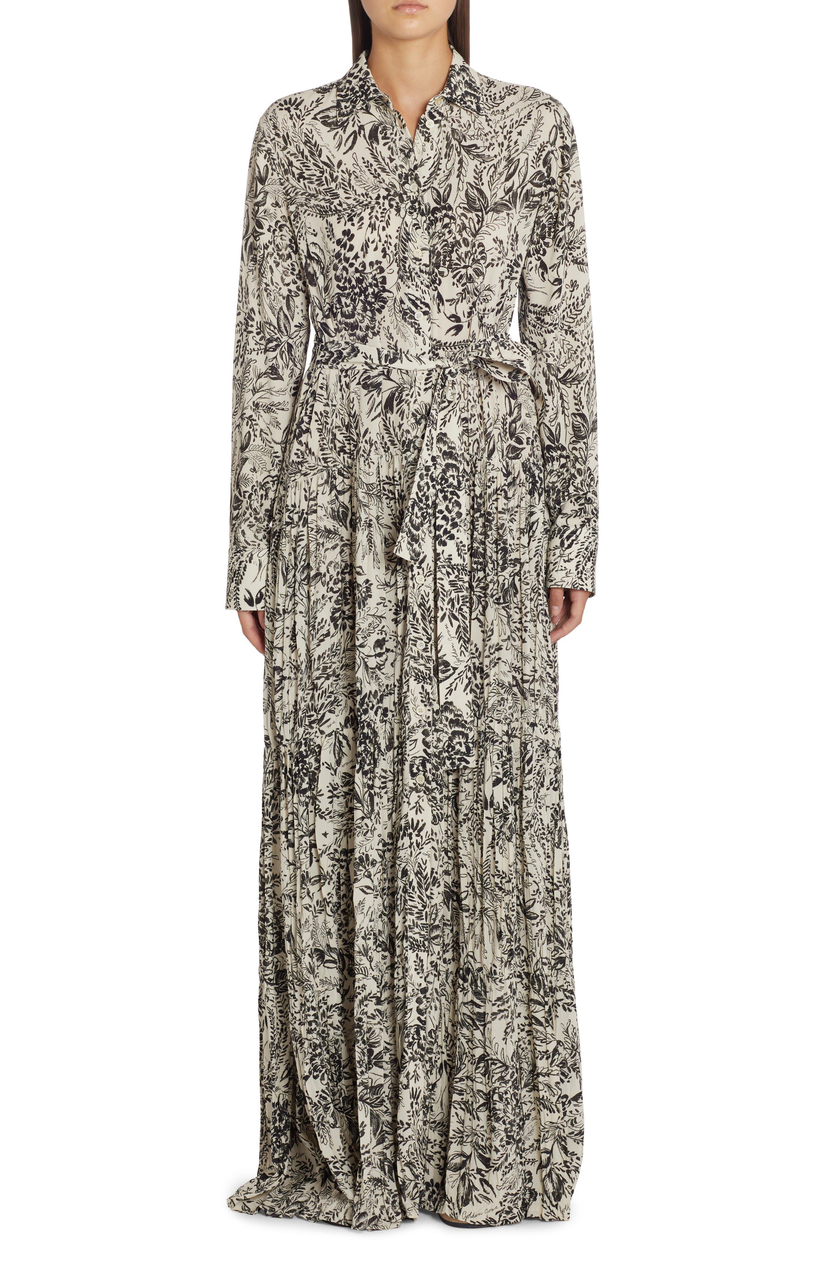 Golden Goose Botanical Print Pleated Crepe Shirtdress In Bone White/black