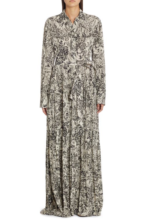 Shop Golden Goose Botanical Print Pleated Crepe Shirtdress In Bone White/black