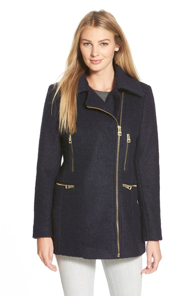 GUESS Bouclé Asymmetrical Zip Coat, Main, color, NAVY