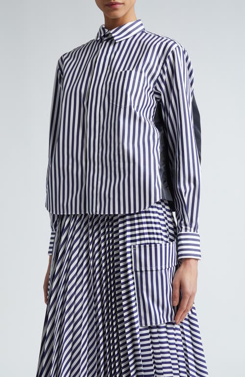 Sacai Stripe Poplin & Nylon Twill Button-Up Shirt in Navy Stripe X Navy at Nordstrom, Size 2