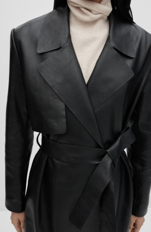 Shop Mango Tie Waist Leather Trench Coat In Black