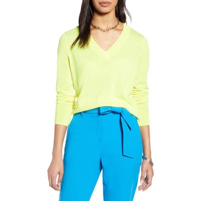 Halogen V-Neck Merino Wool Blend Sweater, Yellow