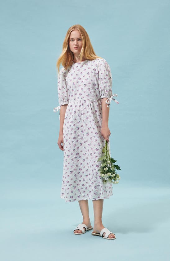 Shop Barbour Goodleigh Floral Puff Sleeve Cotton Midi Dress In White/pink Flowers