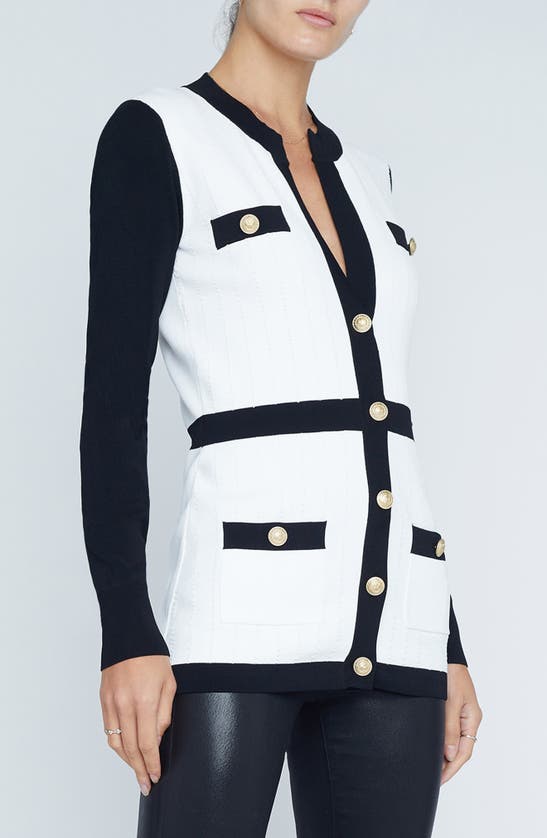Shop L Agence Clover Textured Stripe Contrast Cardigan In White/ Black